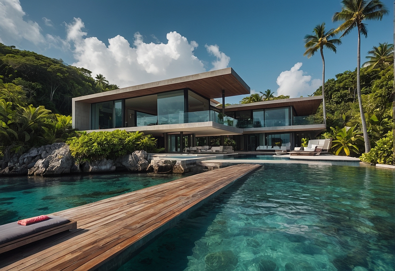 Secluded modern villa on private island with infinity pools, lush gardens, and private dock