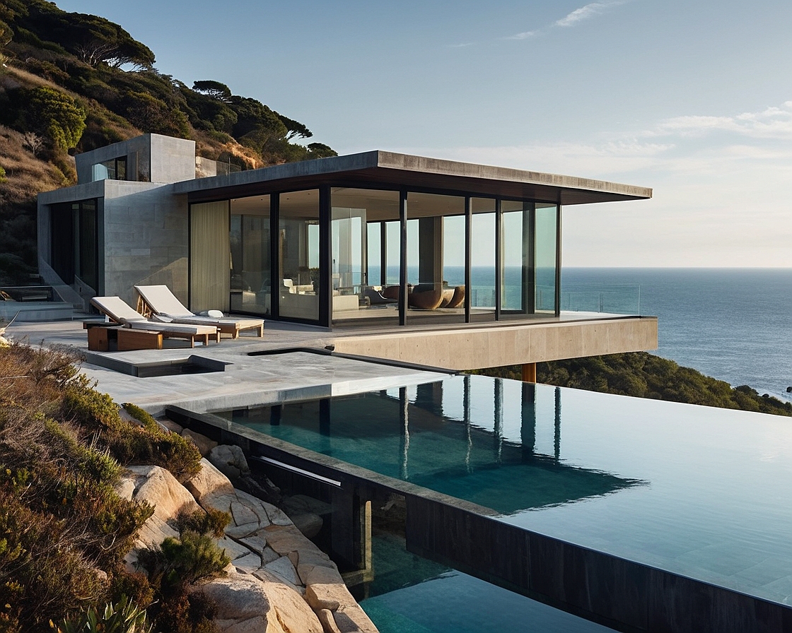 Breathtaking view of villa with infinity pool overlooking sunset over the ocean