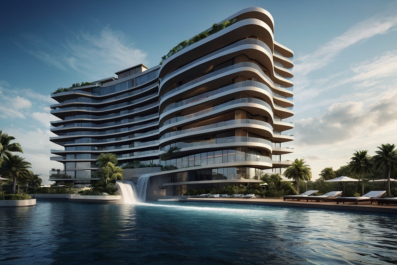 Modern luxury apartment building with cascading waterfall and infinity pool