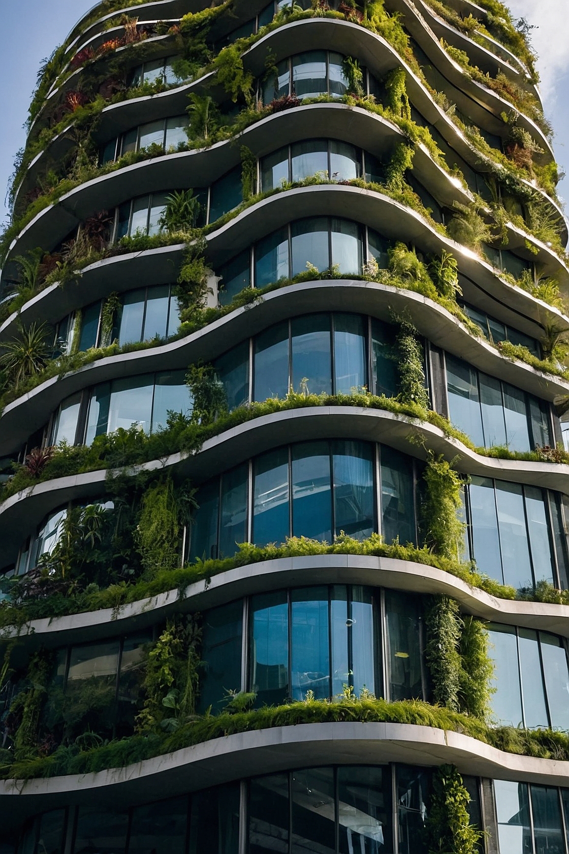 Modern skyscraper with curved facade covered in vertical gardens