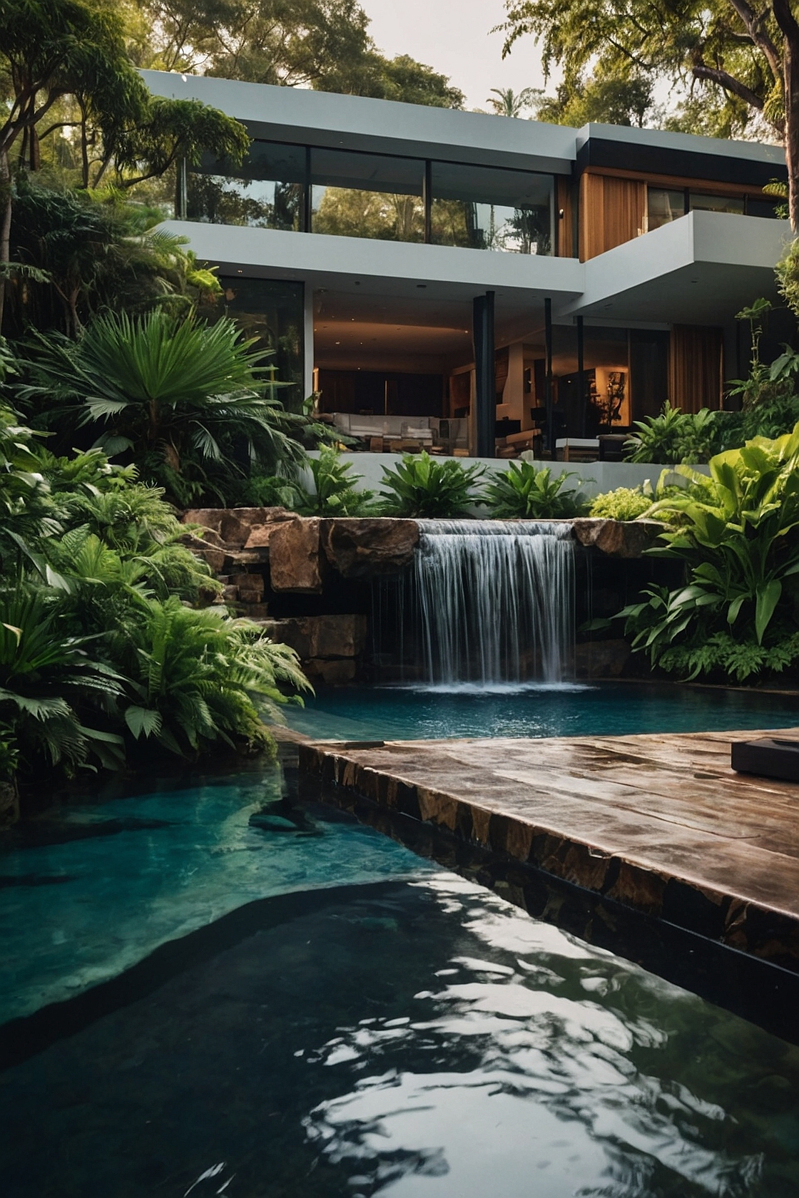 Luxury house design: Hidden cascading waterfall flowing into secluded pool courtyard surrounded by lush greenery