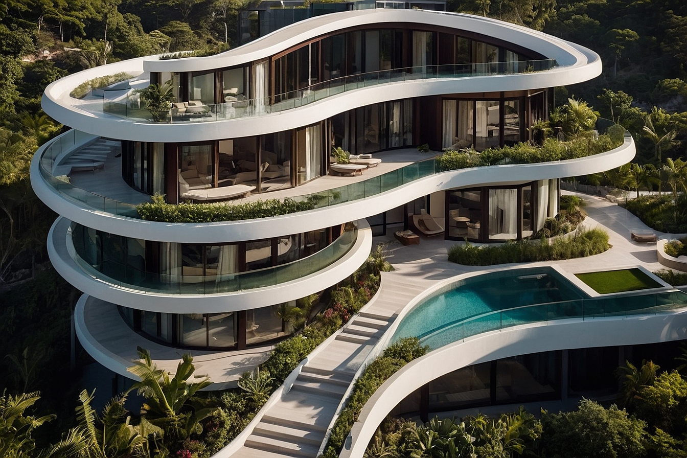 Luxurious residential building with curvilinear design, private balconies, and lush gardens